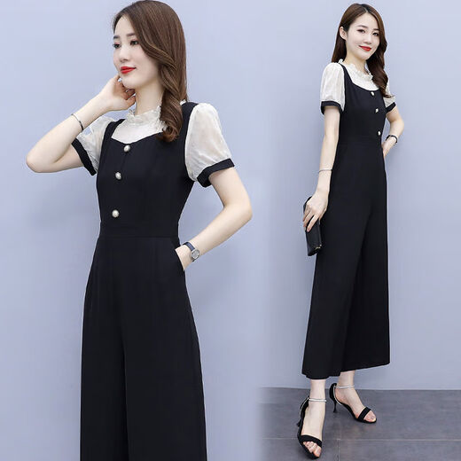 皮尔卡丹（pierre cardin）短袖雪纺阔腿连体裤套装女2025年新款时尚气质夏季薄款一体连衣裤 【1098#】杏色 连体裤 M 建议95-105斤