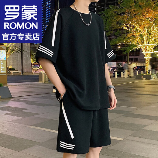 罗蒙（ROMON）港风短袖t恤男士夏季新款休闲运动套装宽松半袖男T上衣服男装 FKS653白色套装 3XL 约170-190斤可穿