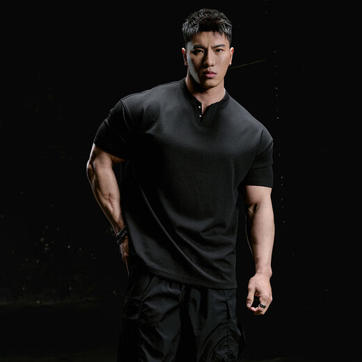 
MUSCLEDOG Muscle Dog Fitness Short Sleeve Men's Summer New Products Loose Casual Henry Shirt Training Suit Sports T-Shirt Black 3XL