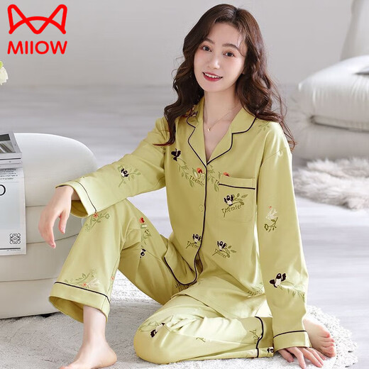 猫人（MiiOW）100纯棉睡衣女春秋款长袖2024年新款可外穿大码家居服开衫套装女 7029 M
