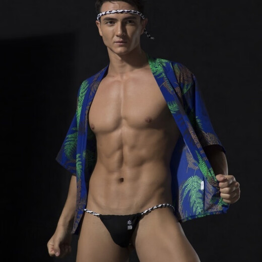 Low-waisted thong sexy underwear gay men's underwear embroidered Japanese style pure cotton sumo pants sexy small panties black thong underwear M European size (1.9-2.2 feet)