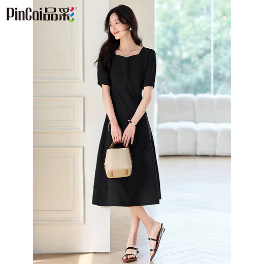 品彩（PinCai）连衣裙女法式赫本风高级黑色连衣裙a字短袖中长裙P52Q069
