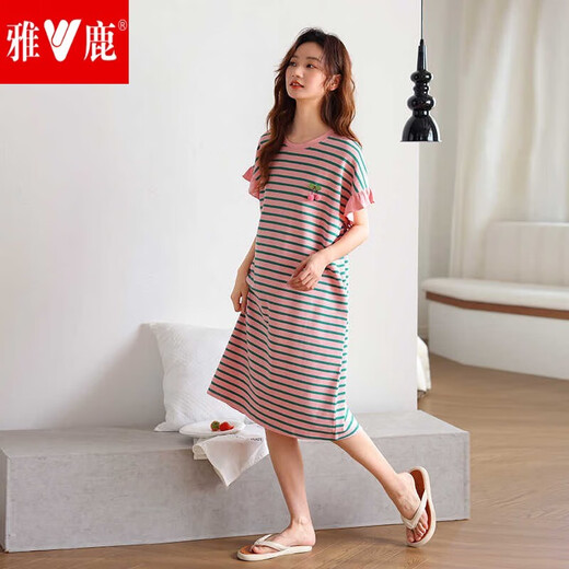雅鹿2025年新款睡裙女夏季纯色棉短袖睡衣简约条纹棉可外穿睡衣裙 YZT6621睡裙 XL 170() 推荐120-1d