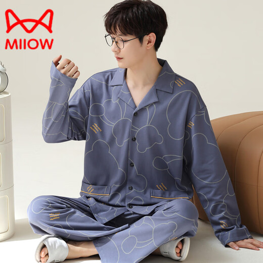 猫人（MiiOW）轻奢新款男士睡衣春秋款纯棉长袖春夏天男生全棉家居服套装 OMM-12027 L