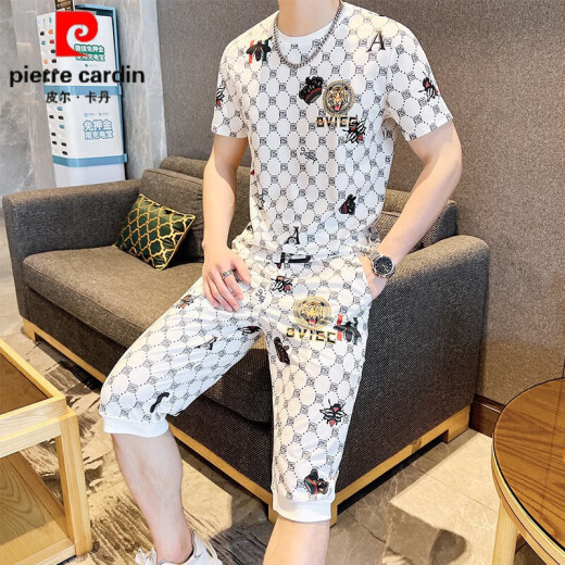 皮尔卡丹（pierre cardin）轻奢欧货短袖男装夏季潮牌潮流高端冰丝速干t恤男士穿搭一整套装 829卡其色套装 2XL 适合135-150斤