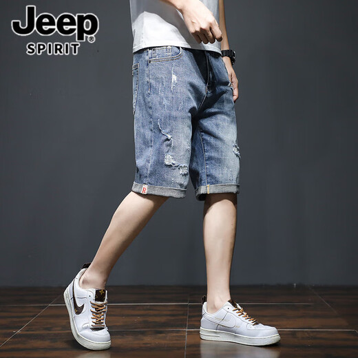 Jeep Spirit Jeep Denim Shorts masculin fine marque Lower Frendy Brand à cinq points Mid-Pants de style coréen de style coréen Ripped Elastic 5 points Short 689 Blue Ripped Model + 331 Blue Grey 38 [(2 pieds 9) poids 175-195jin [Jin est égal à 0,5 kg]]]