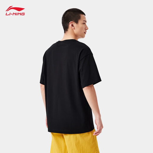 李宁（LI-NING）速干T恤丨抗菌凉爽圆领短袖T恤男子夏季户外印花休闲宽松运动上衣 黑色/黄色(AHSV829款)-4 S