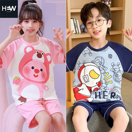 Wilwe pajamas spring, summer and autumn children's short-sleeved shorts combed cotton cartoon cute two-piece home clothes for boys and girls 6627 female dinosaur one size fits all 10 yards 30-38Jin Jin is equal to 0.5 kg