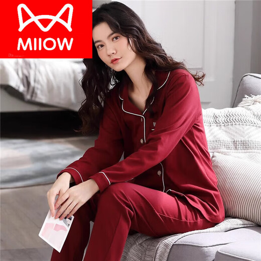 Catman (Miiow) Pajamas de algodón puro para mujeres Versión coreana de primavera y otoño de manga larga Versión coreana simple Estilo delgado de color sólido simple para ropa de ropa para exteriores