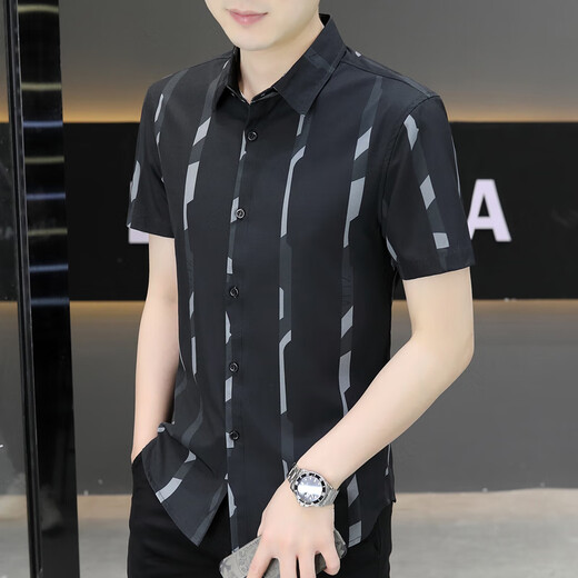 Hua Jiuqing Guangdong Piting Camisa de alta gama suelta Big Behly Men's New Style 2025 Camisa de manga corta para hombres de verano de manga corta y guapo 7027 Negro M 90-110Jin [Jin equivale a 0.5 kg]
