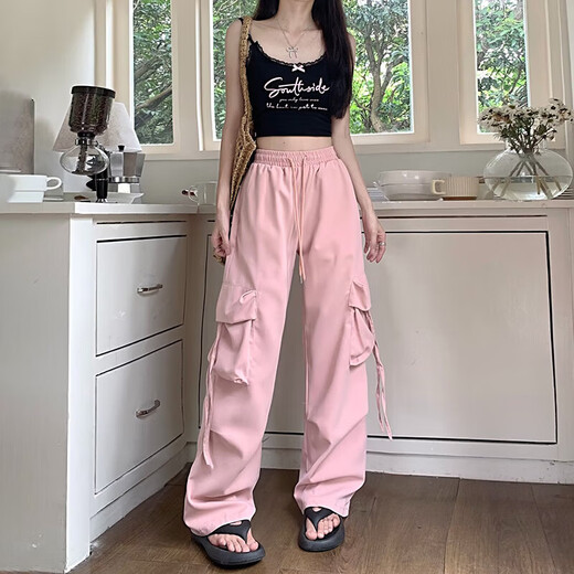 粉色工装裤女春夏2025新款高腰垂感阔腿窄版休闲美式速干运动裤子 蓝色 【MY-687】 S