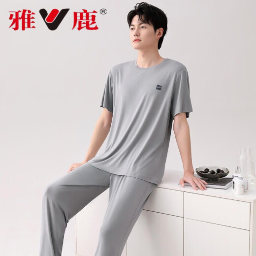 
Yalu pure cotton pajamas for men in summer short-sleeved trousers for home clothes for men in thin ice silk cool solid color set 2677* Short-sleeved + trousers L 100-120Jin [Jin equals 0.5 kg]