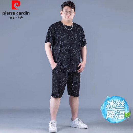 皮尔卡丹（pierre cardin）冰丝运动套装男夏季大码薄款男士速干五分裤胖子加肥加大宽松短袖 PZ829黑色 高质量冰丝套装 XL 建议130-140斤