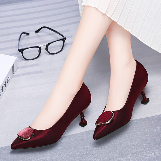 Oren burgundy high heels women's slim heels mother-in-law wedding shoes wedding shoes pointy toe shoes wine red/9866 heels height 5.4cm) 34