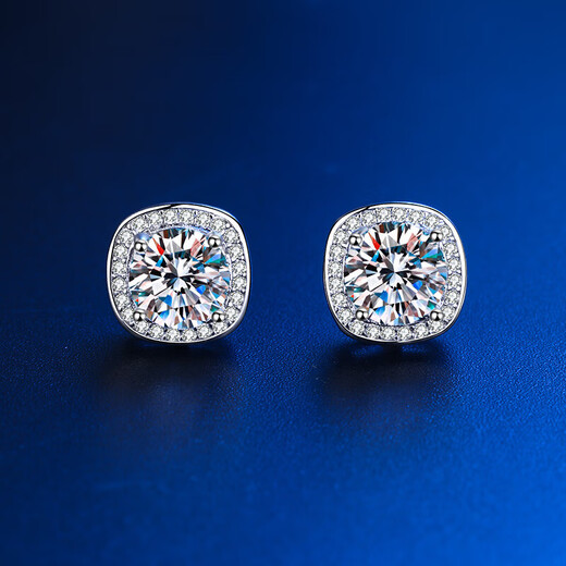 Genuine platinum pt950 earrings, D color moissanite earrings, snowflake diamond bull head earrings, women's earrings gift, 1 carat moissanite square package earrings, light luxury style