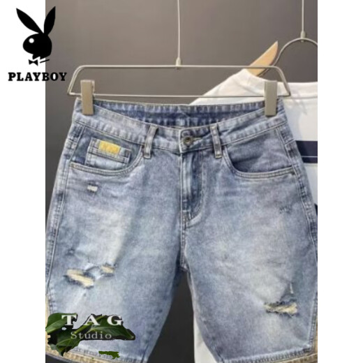 花花公子（PLAYBOY）夏季薄款男士牛仔短裤潮牌破洞刮烂5分韩版潮流修身小脚五分中裤 9712 31