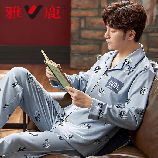 
Yalu pajamas men's long-sleeved pure cotton spring and summer men's thin youth and middle-aged summer 5XL home clothing set 829man L
