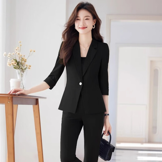 Jian Ting suit suit for women 2026 summer new professional wear temperament casual small suit thin jacket front desk work clothes cyan suit + suspenders + nine-point pants L 100-109Jin Jin equals about 0.5 kg