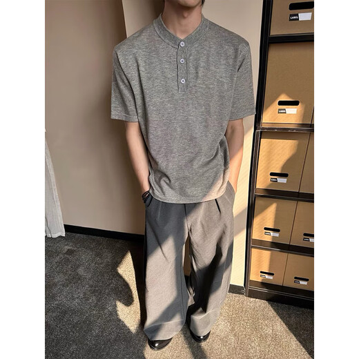 Fumile American Retro Genry Neck Forteced Fot Fot Fort Men's Men's Summer Thin Old Money Style Polo Рубашка Cleanfit Тенди бренд с половиной легкой серой. Рекомендуется 120JIN [JIN равен 0,5 кг] до 140JIN [JIN равен 0,5 кг]