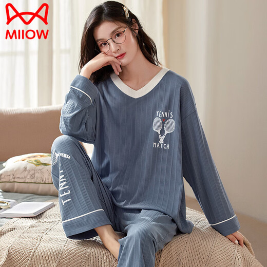 猫人（MiiOW）纯.棉睡衣女春秋韩版卡通长袖长裤舒适大码可外穿青年家居服套装 花色 GXT9922图色 M (建议75-95斤)