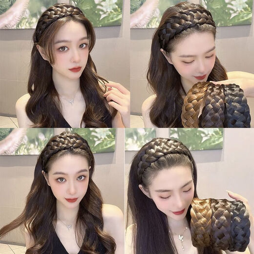 Yingtang 2025 new wide-brimmed wig braided hair hoop women's headband pressed hairpin headdress fish bone white hair hoop five-strand hair hoop - natural black