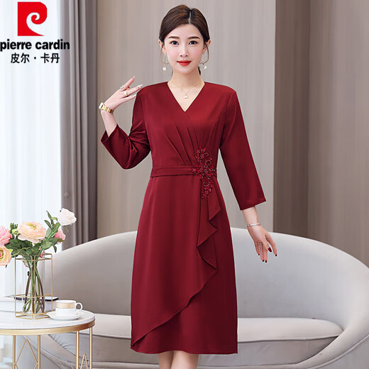 皮尔卡丹（pierre cardin）妈妈婚宴装红色连衣裙女2025春夏秋新款年轻喜婆婆显瘦结婚礼服裙 红色. 【6197款短袖】 2XL 【建议120-130斤】