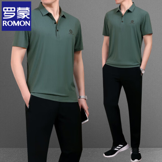 罗蒙（ROMON）爸爸夏装套装父亲夏季冰丝短袖t恤中老年休闲运动服套装男士速干 756海蓝【短袖+长裤】 2XL