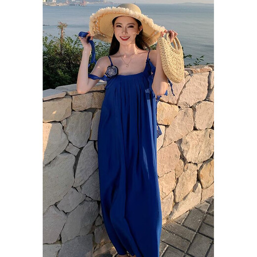 
Women's 2025 new French-style Sanya Seaside Holiday Long Dress with European M summer blue suspender dress 9712 Blue S