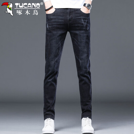 Holzspecker (Tucano) Jeans Herren Frühling und Sommer Schlanker elastischer Long Hosen Herren Trendy Business Casual Hosen Männer Blau Schwarz 32