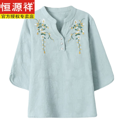 恒源祥母亲节妈妈夏装棉麻套装国风绣花短袖T恤中老年女装新中式两件套 9903绿色 XL 建议80-110斤