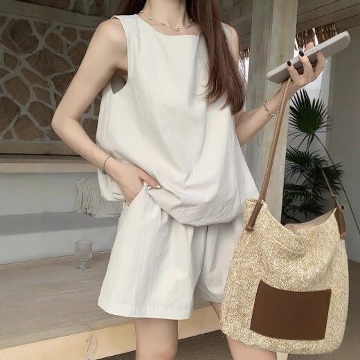 Rongxitu Dopamine Girls zweiteilige ärmellose Weste mit hohen Taillenbreite Bein Shorts Abschleife 9719 Aprikosengrün Top l