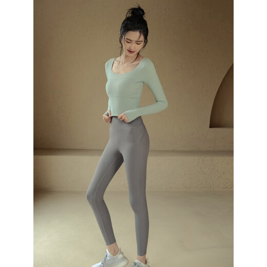 SMVP yoga wear with chest pad summer slimming long-sleeved sports top women's running Pilates training fitness clothes mint green fixed cup/slim fit S (recommended 80-95Jin Jin equals 0.5kg)