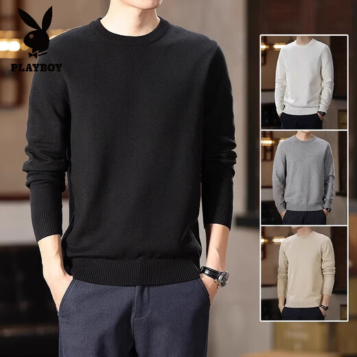 Playboy (Playboy) 2025 Frühling und Herbst Neue Männer gestrickt Langarm runden Nackenpullover Einheitliche Farbe Innerer Pullover Top Basis Hemd Hemd schwarz m