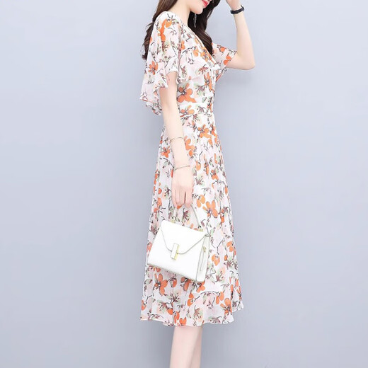 XAE奢侈高档品牌短袖连衣裙女2025夏季新款V领气质洋气雪纺碎花长裙 桔花 L