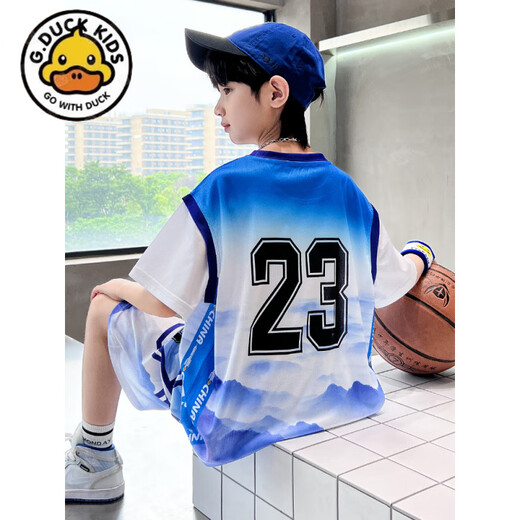G. DUCKKIDS小黄鸭男童夏装球服套装洋气儿童夏季篮球服中大童运动短袖速干衣 DMG-9905-地球球服-蓝色 120 建议身高110cm