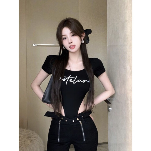 Hanrui Schwarzer Brief bedruckte kurzärmelige Hemd für Frauen im Sommer Trendy heiße Mädchen einteilige Design Nische Slim Fit Slim Top 684 Black M.