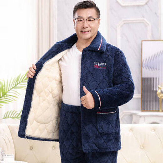 桑琴冬天穿的睡衣男士三层夹棉加棉袄加厚加绒珊瑚绒中老年人爸爸套装 C9901#黑灰色男【牛奶绒】 L (100-125斤)三层加厚