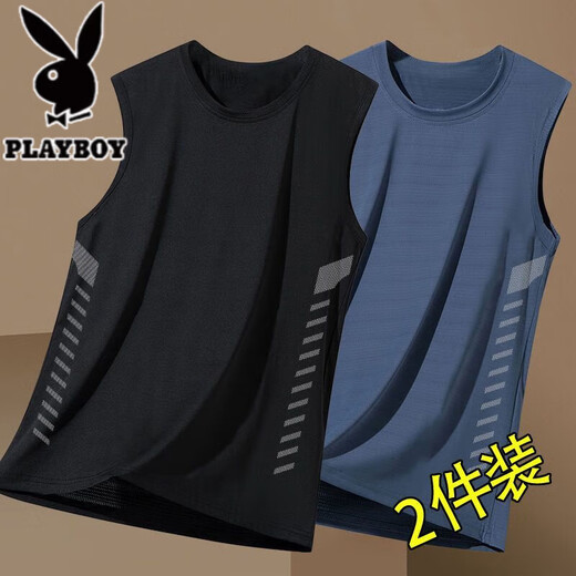 花花公子（PLAYBOY）冰丝背心男夏季潮流圆领网眼透气速干运动坎肩凉感吸汗无袖上衣 黑色+深灰/ 二件装收藏加购优先 XL (115-125斤)