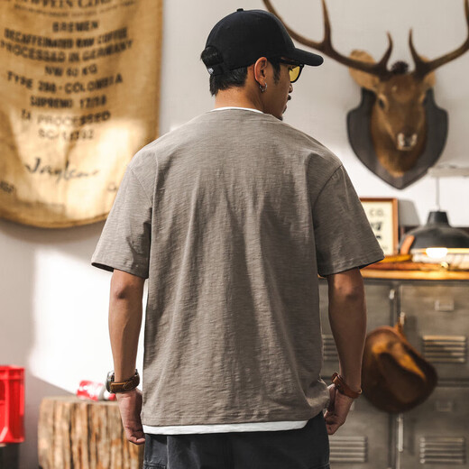 Jiaojing American retro fake two-piece bamboo cotton cool short-sleeved t-shirt for men 2025 summer henley collar polo shirt for men khaki_Weight 230g L_Suitable for 125-145Jin Jin is equal to 0.5 kg