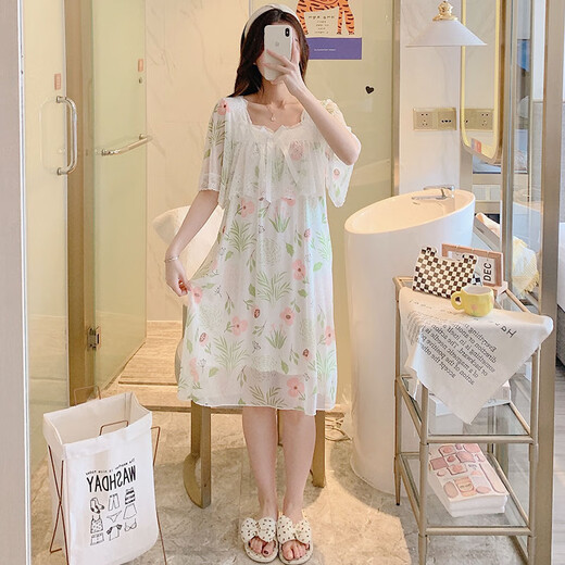 雅鹿花边网纱睡裙女莫代尔夏季2025年新款甜美冰丝睡衣少女短袖家居服 MY_W7371#短袖裙植物小花 M