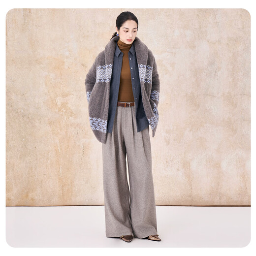 SHOKAY star's same style Dong Life Live Room light luxury mohair yak velvet retro cardigan belt sweater brown L