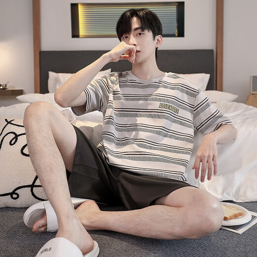 Hongdou official website [Central Mother] 2025 pajamas men summer pure cotton short sleeve shorts cotton teenager men's home clothes milky white 679 L [recommended 110-135 Jin [Jin equals 0.5 kg] wear]