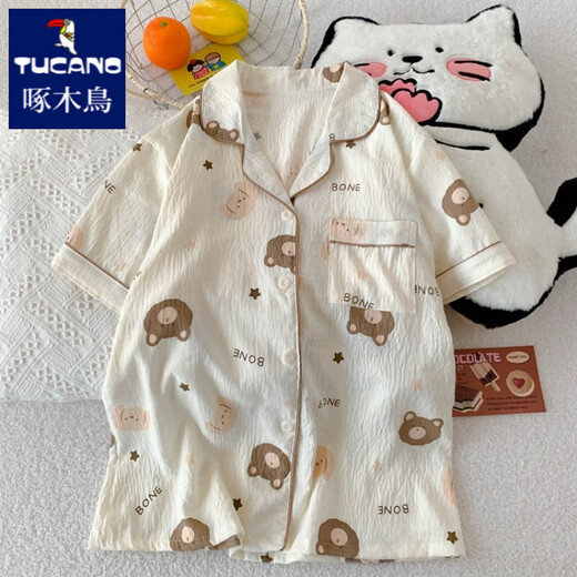 啄木鸟网红小熊睡衣女夏季纯棉纱布短袖三件套装夏天可爱卡通外穿家居服 云朵棉-J9901#乐园小狗三件套 M 【建议75-100斤】