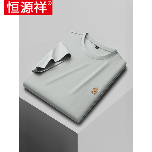 恒源祥2025夏季新款男士T恤圆领休闲宽松绣花纯色打底刺绣体恤上衣 PSL6167-灰色 L