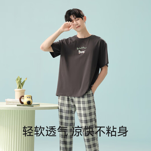 Pure cotton couple pajamas for women antibacterial Xinjiang cotton spring and summer short-sleeved trousers Korean style thin home wear set 5E5141-Men's XL