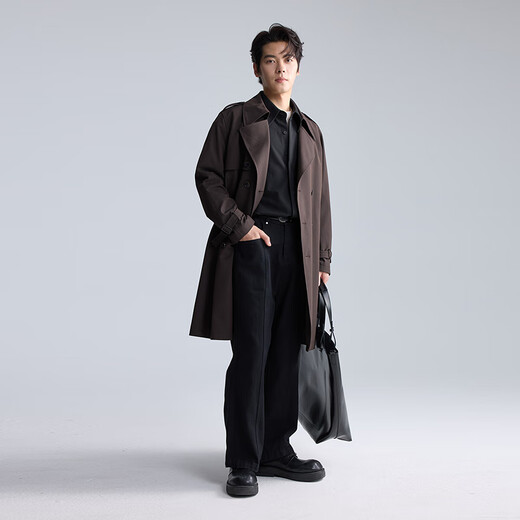 Lilang Polyester-Spandex Blended Windbreaker Men's Fashionable Textured Lapel Double-breasted Long Jacket Brown XL (175)