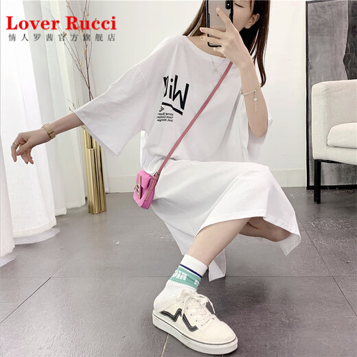 LOVER RUCCI短袖T恤裙女夏季长款过膝宽松纯棉大码2025新款中长款懒人连衣裙 9196单行字母-白色（实拍） M