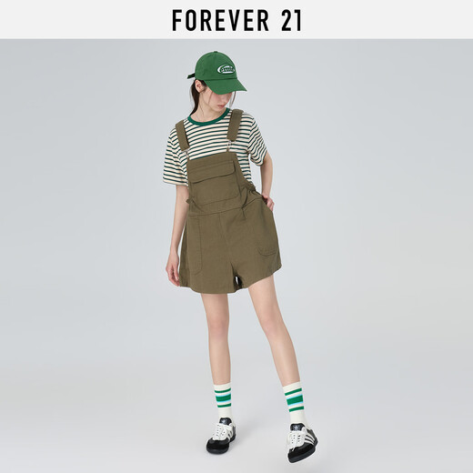 FOREVER21 Overalls Women's 2025 Summer New Simple Loose One-piece Casual Shorts Women Green L