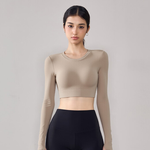 Dcw with chest pad sports long-sleeved women's tight-fitting slim short sexy running training yoga wear Pilates top Khaki L