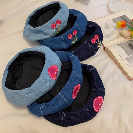 爱心牛仔贝雷帽女春夏季韩版显脸小百搭蓓蕾画家帽日系大头围帽子 牛仔C标-中蓝色